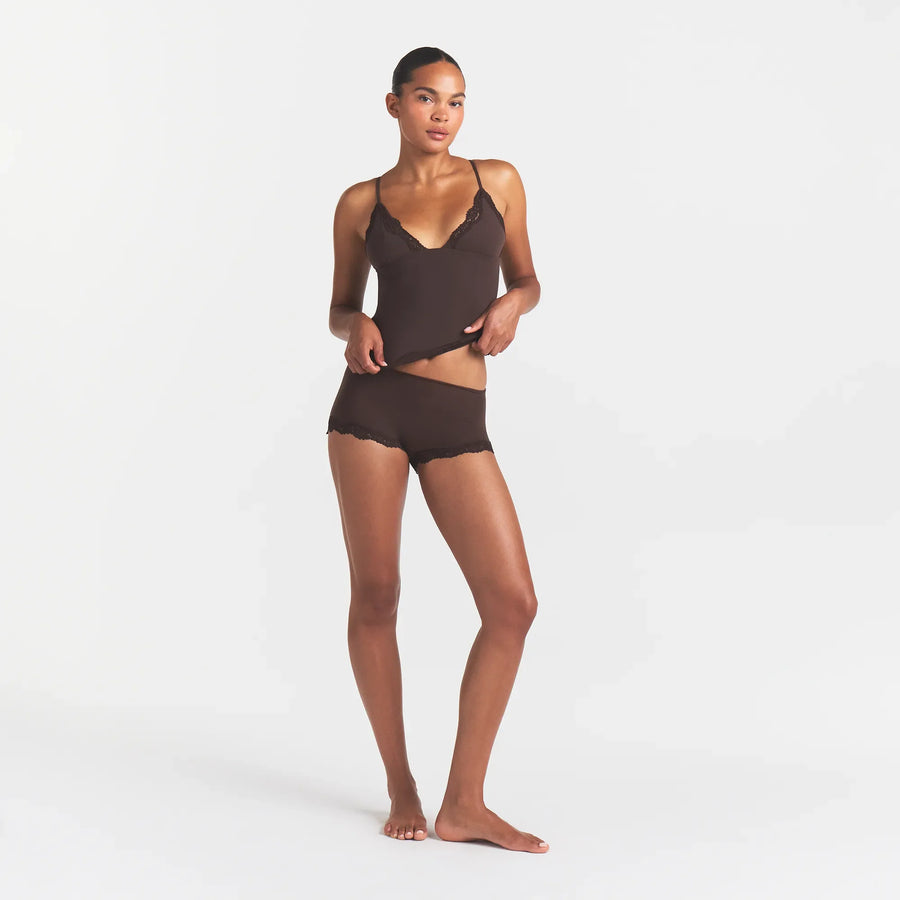 FITS EVERYBODY LACE TRIANGLE CAMI AND BOY SHORT SET | ESPRESSO