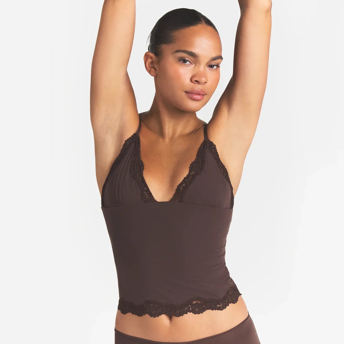 FITS EVERYBODY LACE TRIANGLE CAMI AND BOY SHORT SET | ESPRESSO