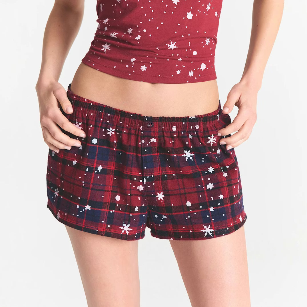 CACTUS PLANT FLEA MARKET X SKIMS SKIMS SLEEP LACE TANK AND FLANNEL SHORT SET | MERLOT UNWRAP ME SNOW PRINT