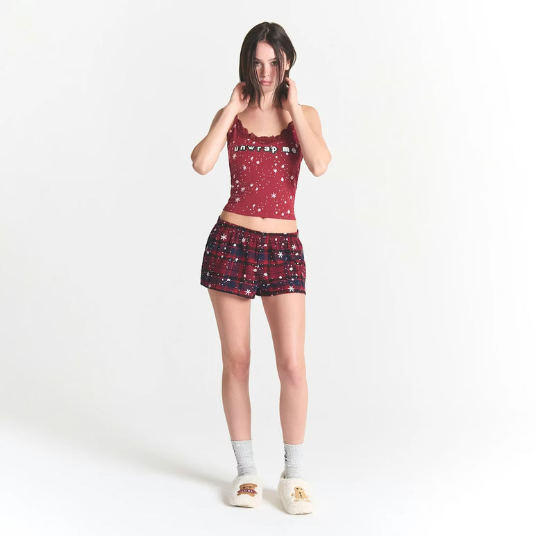 CACTUS PLANT FLEA MARKET X SKIMS SKIMS SLEEP LACE TANK AND FLANNEL SHORT SET | MERLOT UNWRAP ME SNOW PRINT