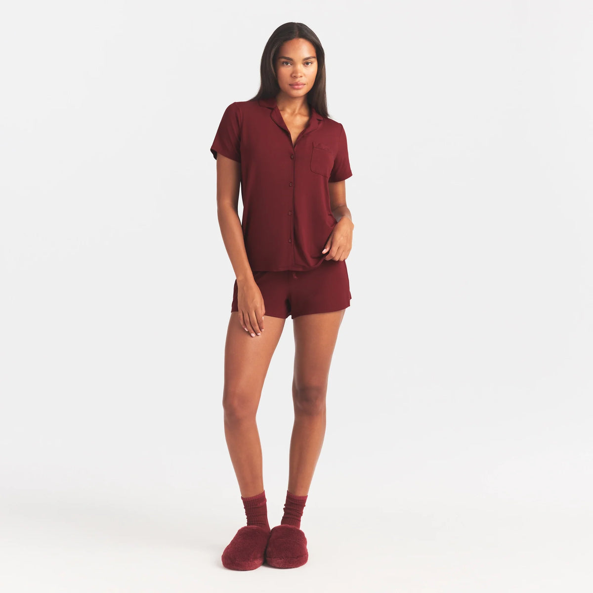 SKIMS SLEEP SHORT SLEEVE BUTTON UP SET | MERLOT