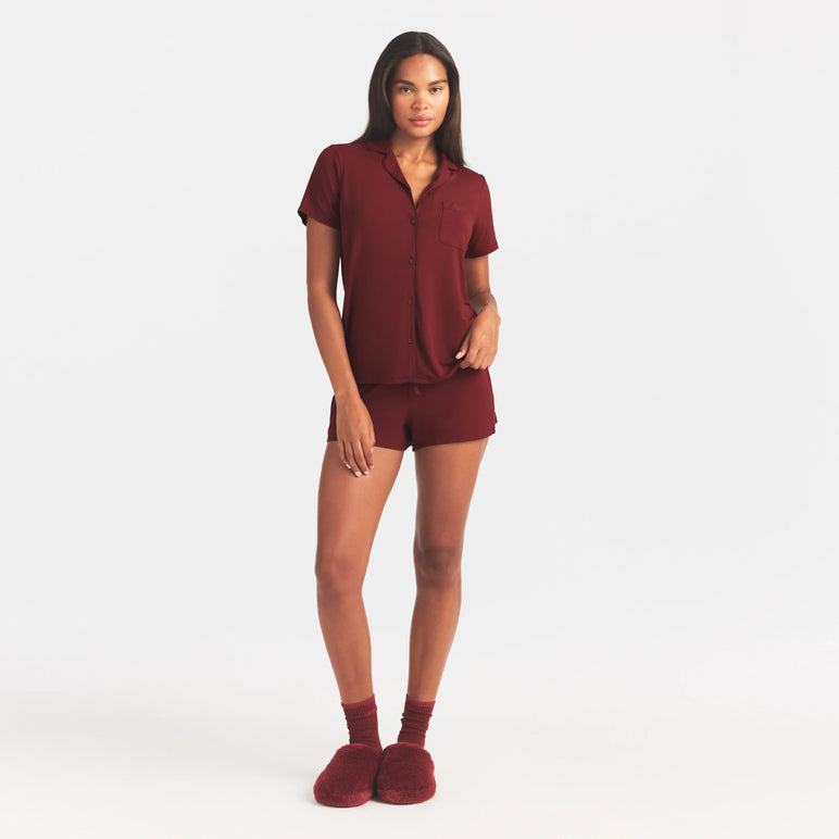 SKIMS SLEEP SHORT SLEEVE BUTTON UP SET | MERLOT
