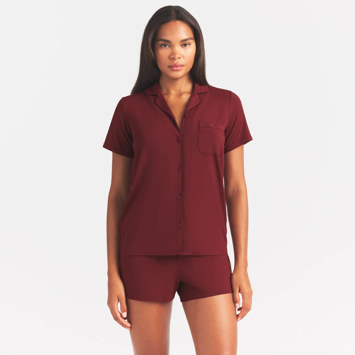SKIMS SLEEP SHORT SLEEVE BUTTON UP SET | MERLOT