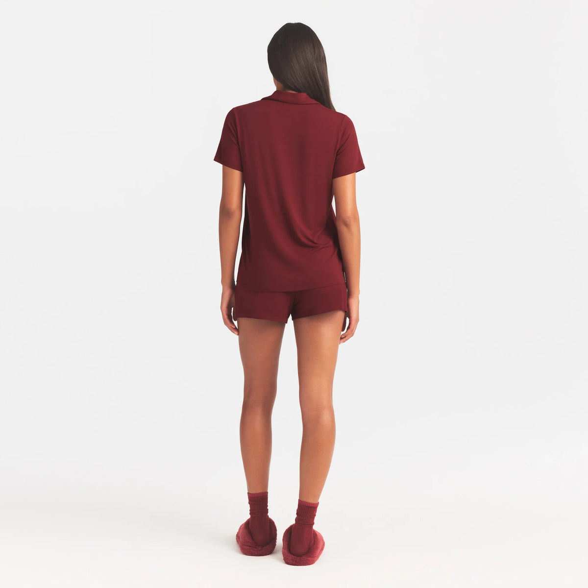 SKIMS SLEEP SHORT SLEEVE BUTTON UP SET | MERLOT