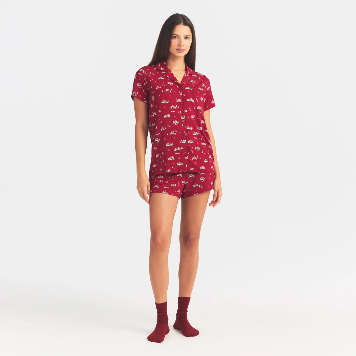 SKIMS SLEEP SHORT SLEEVE BUTTON UP SET | BRICK FROSTY CABIN