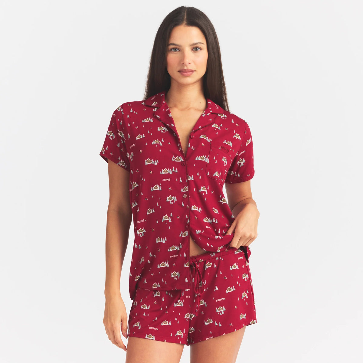 SKIMS SLEEP SHORT SLEEVE BUTTON UP SET | BRICK FROSTY CABIN