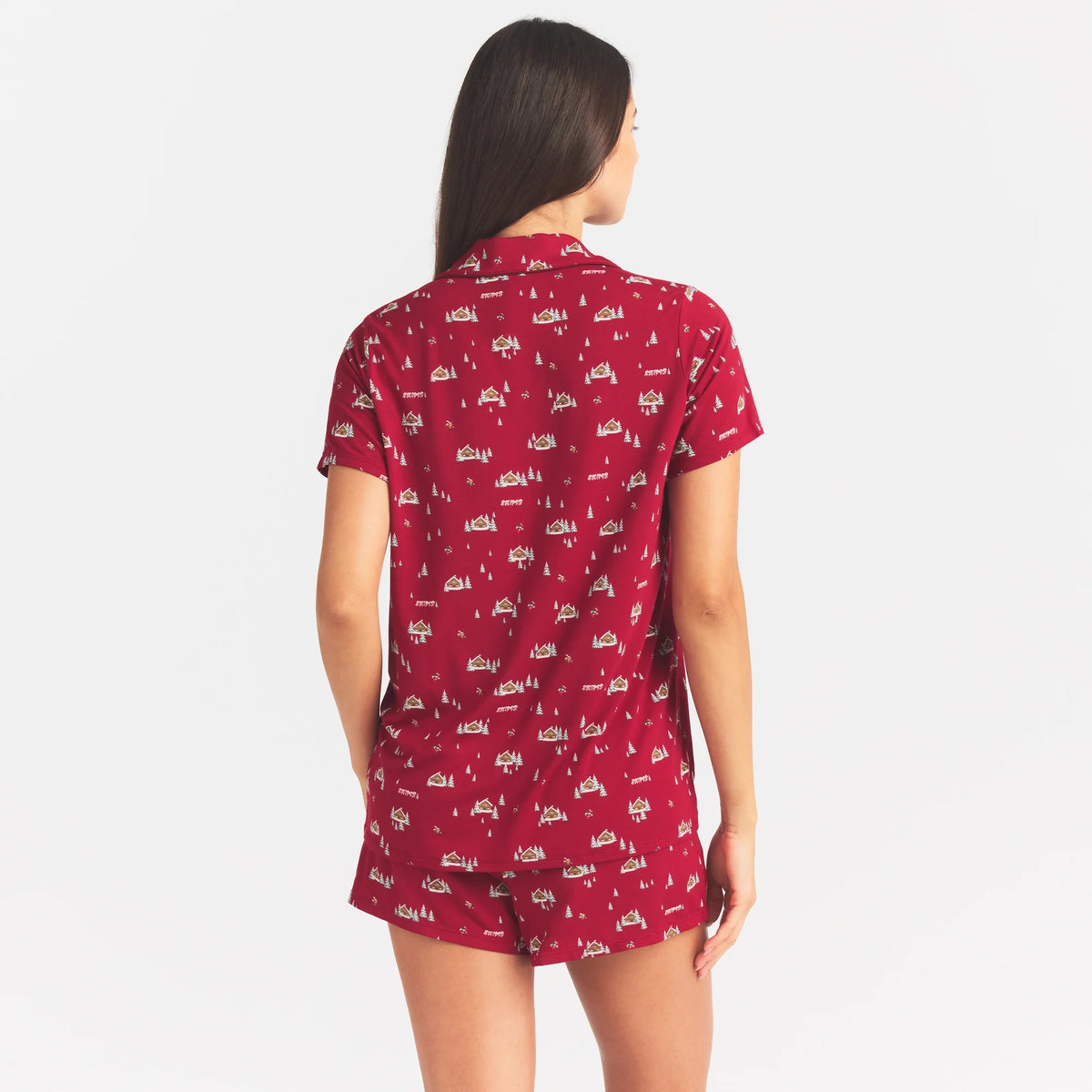 SKIMS SLEEP SHORT SLEEVE BUTTON UP SET | BRICK FROSTY CABIN