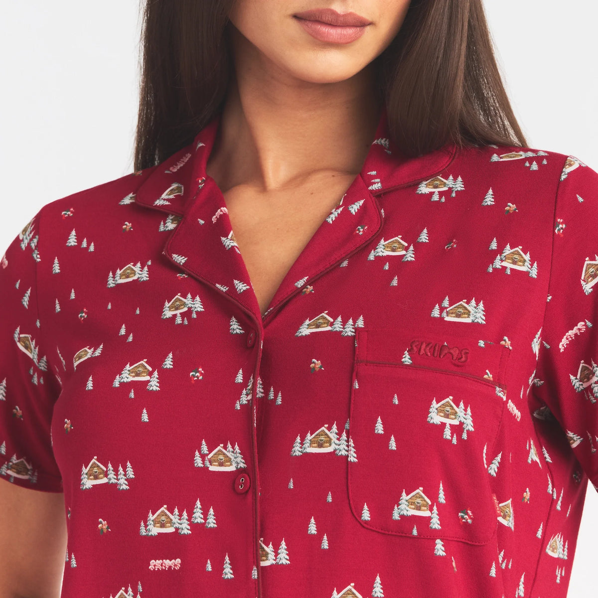 SKIMS SLEEP SHORT SLEEVE BUTTON UP SET | BRICK FROSTY CABIN