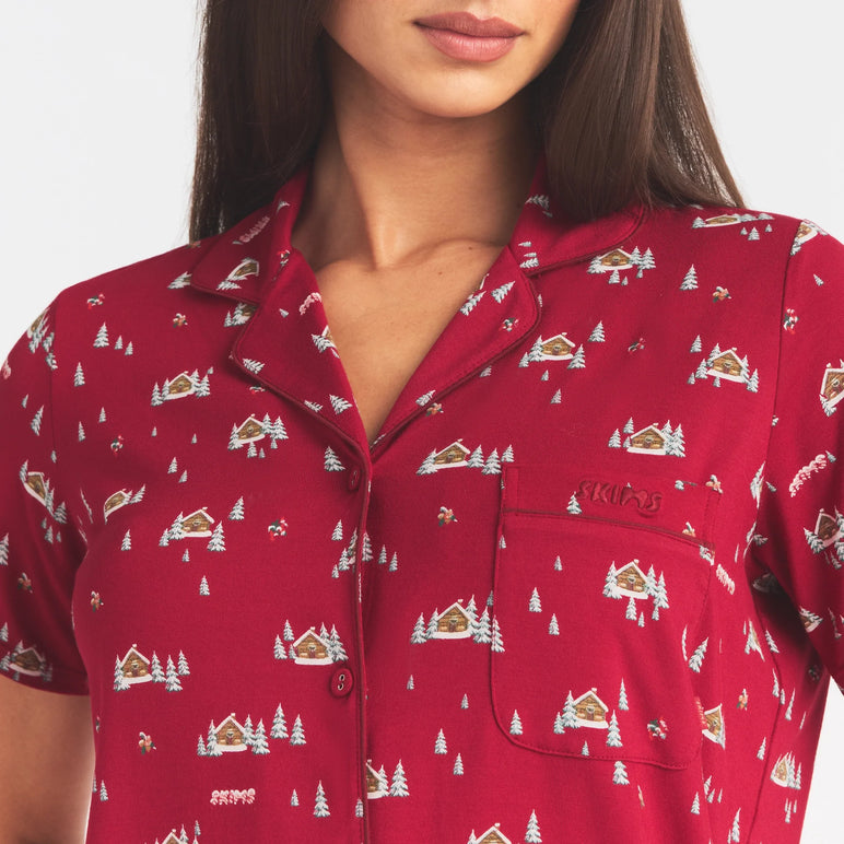 SKIMS SLEEP SHORT SLEEVE BUTTON UP SET | BRICK FROSTY CABIN
