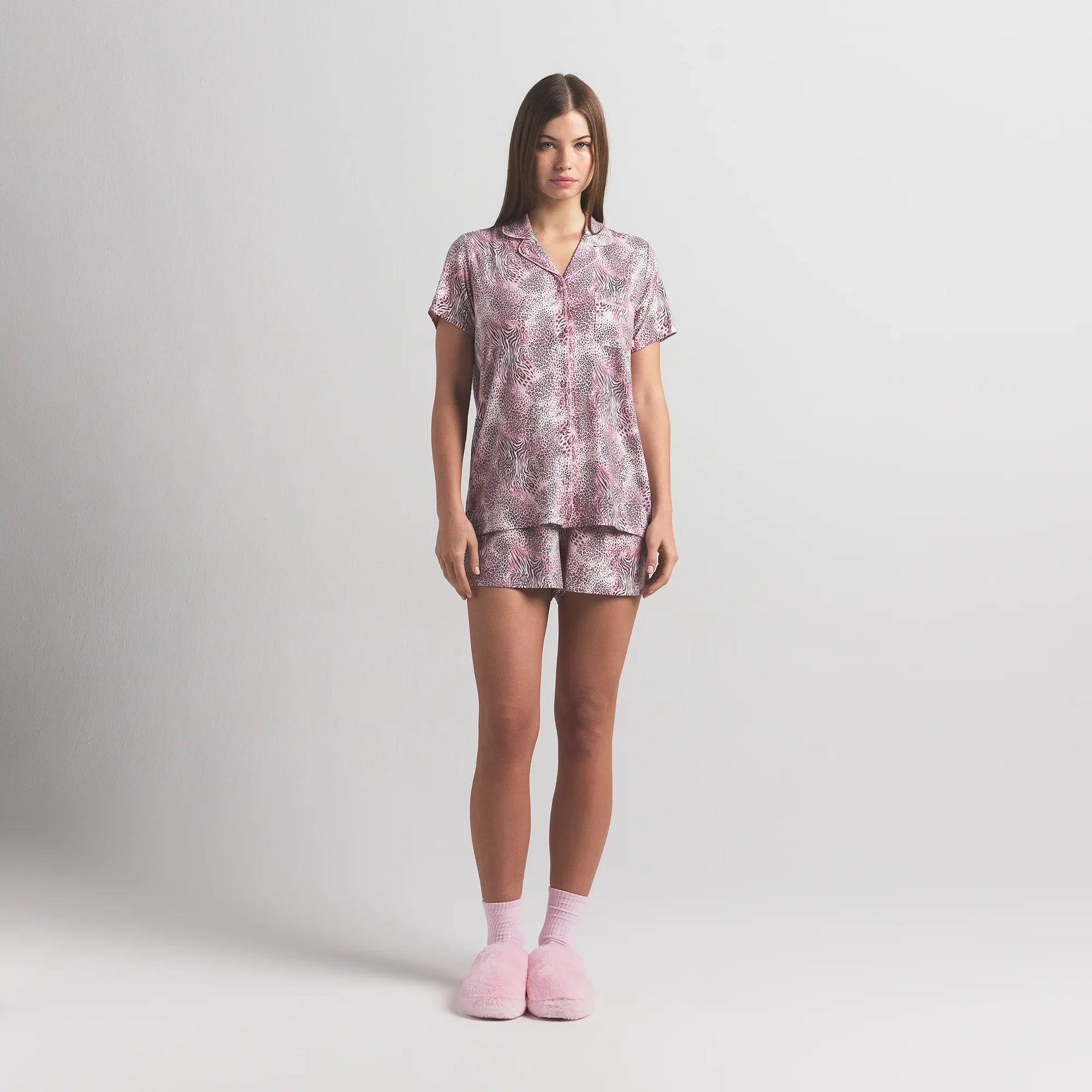 SKIMS SLEEP SHORT SLEEVE BUTTON UP SET | BLOOM MINI MULTI ANIMAL