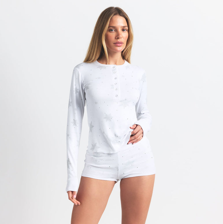 LOGO PLUSH POINTELLE RHINESTONE HENLEY SET | SNOW RHINESTONE PRINT