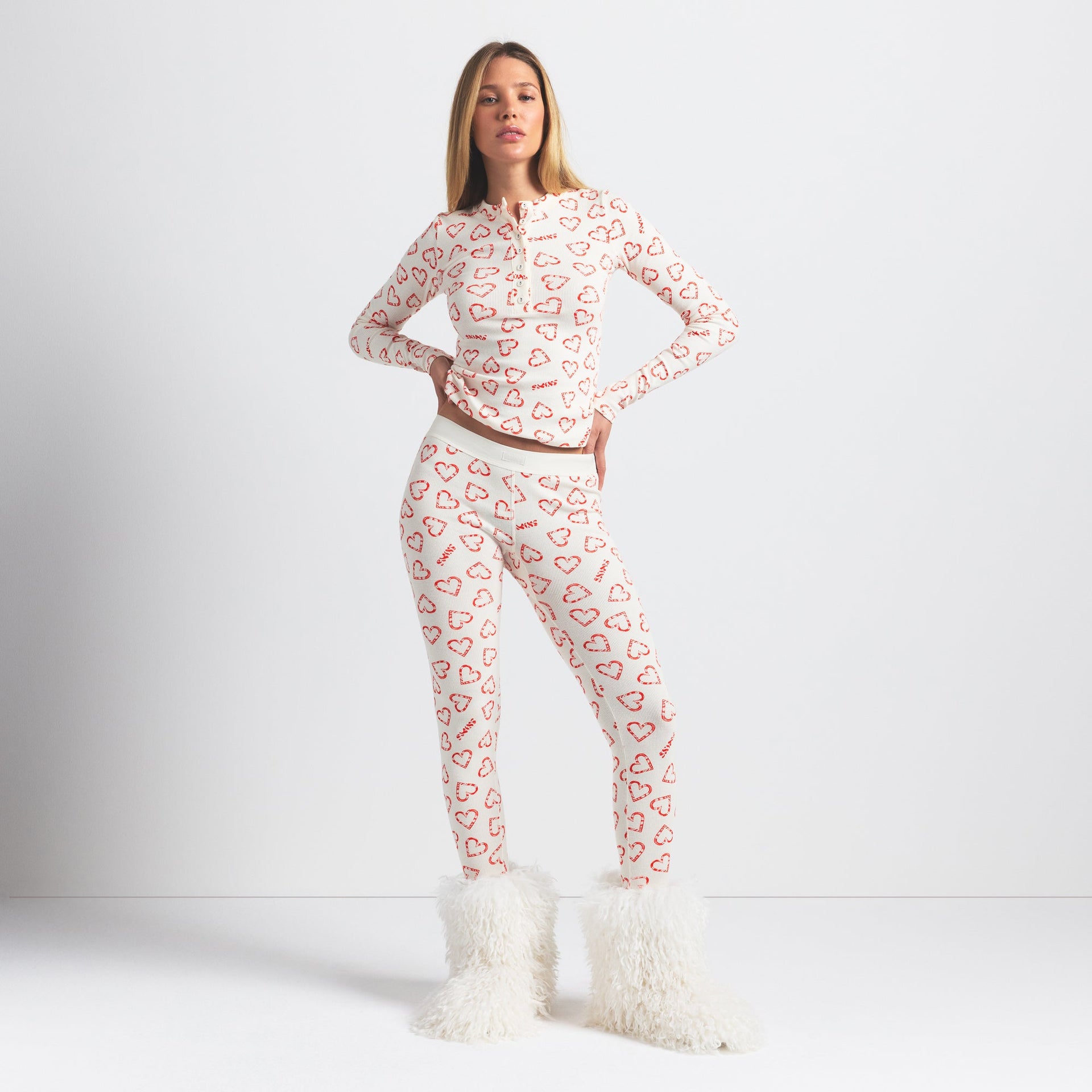 COTTON RIB HENLEY AND LEGGING SET | MARBLE CANDY HEART PRINT