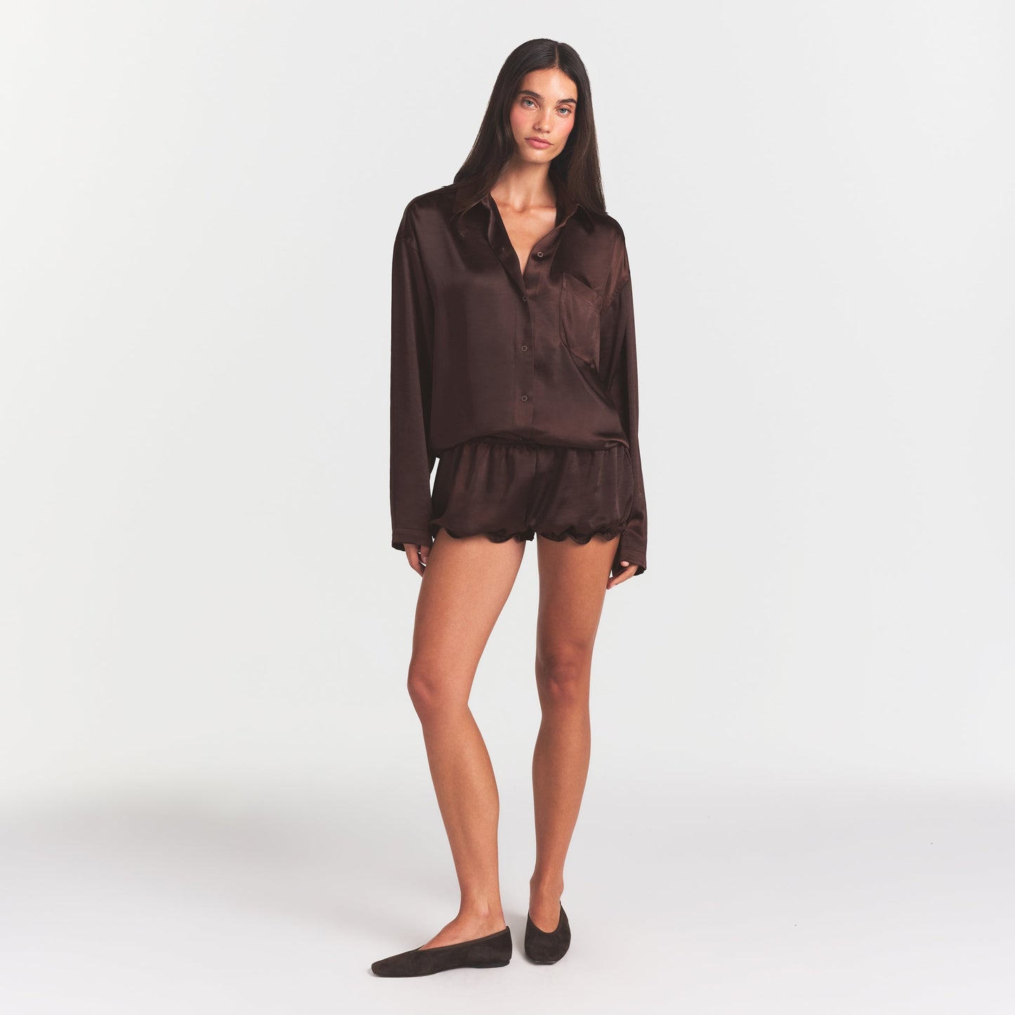 LIGHTWEIGHT SATIN OVERSIZED SHIRT | ESPRESSO