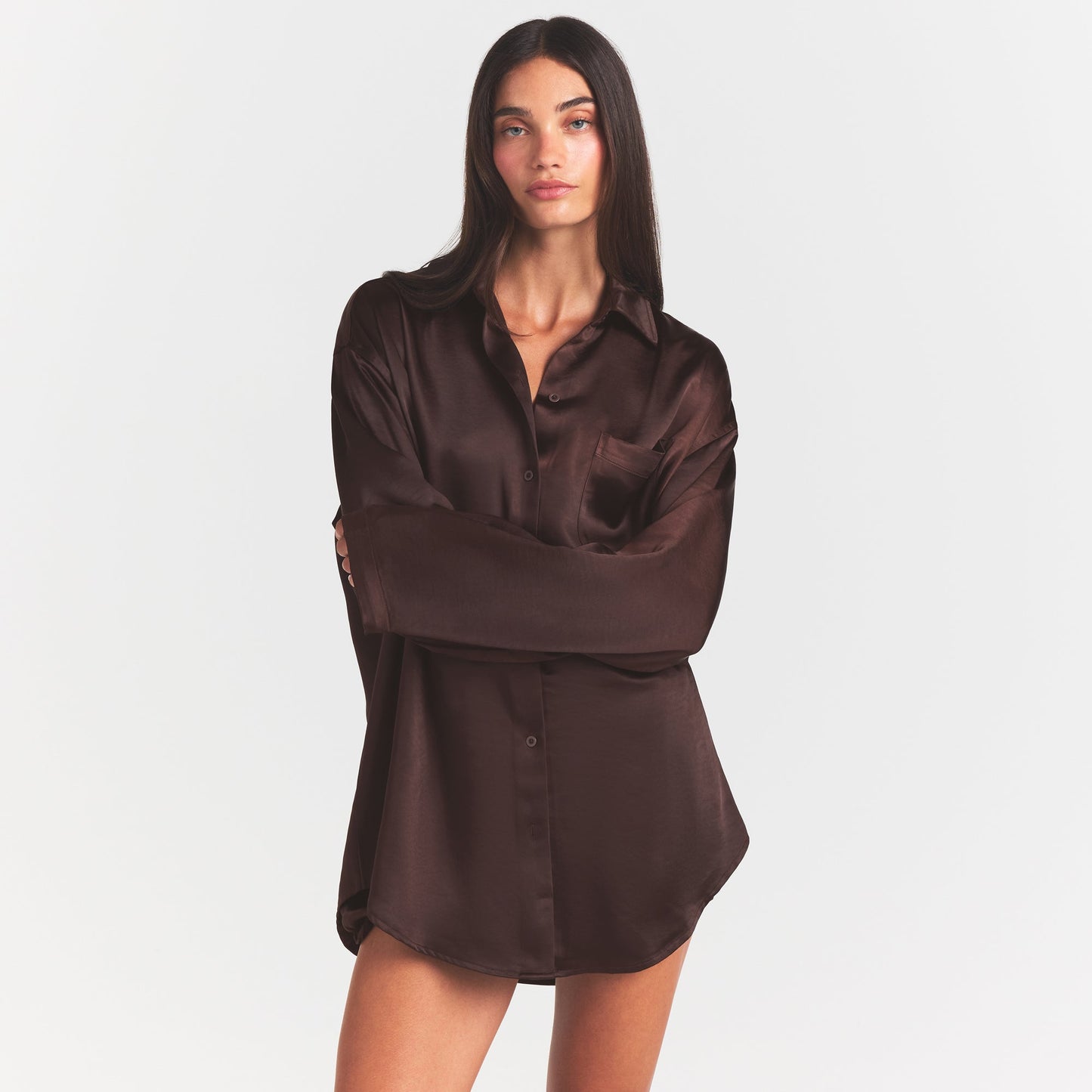 LIGHTWEIGHT SATIN OVERSIZED SHIRT | ESPRESSO