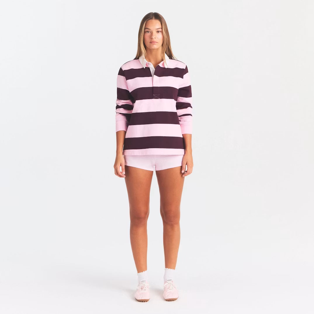 BOYFRIEND FLEECE OVERSIZED POLO | CURRANT RUGBY STRIPE