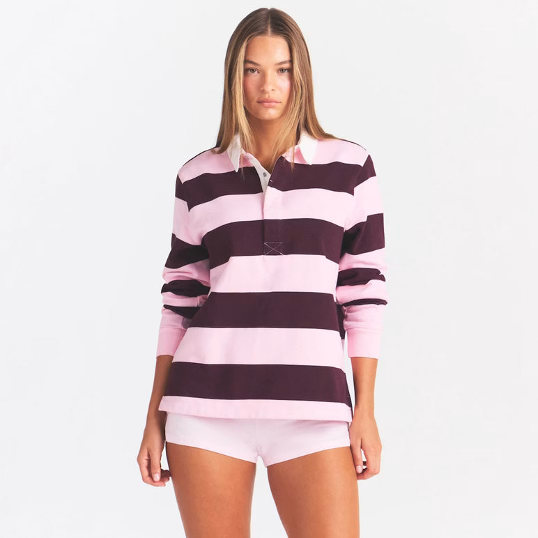 BOYFRIEND FLEECE OVERSIZED POLO | CURRANT RUGBY STRIPE