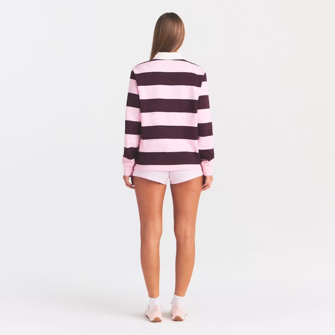 BOYFRIEND FLEECE OVERSIZED POLO | CURRANT RUGBY STRIPE