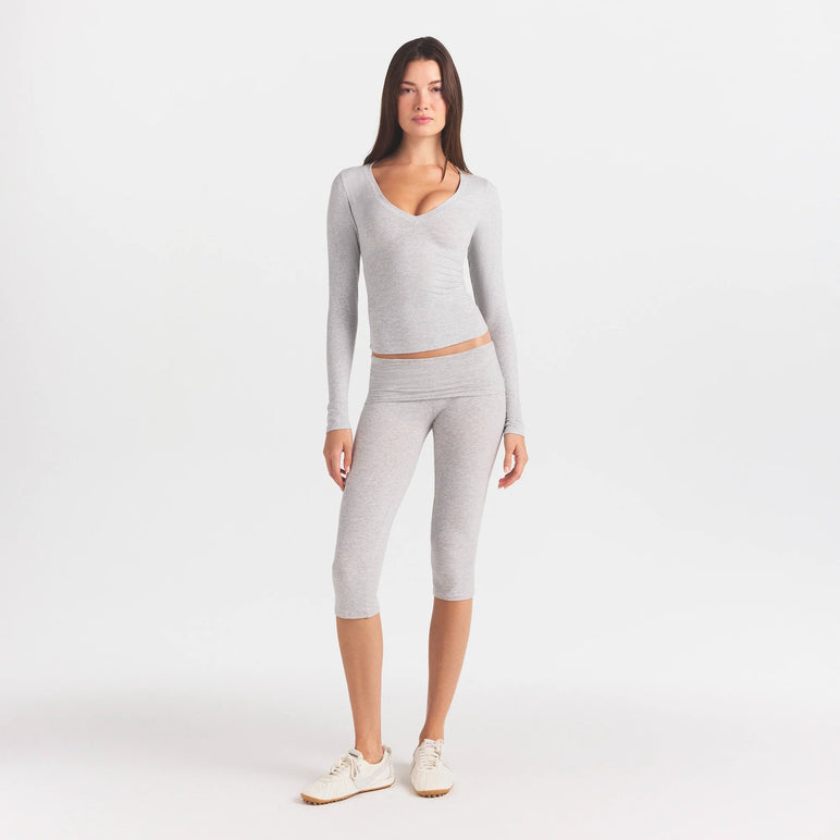 COTTON JERSEY V NECK LONG SLEEVE TOP | LIGHT HEATHER GREY