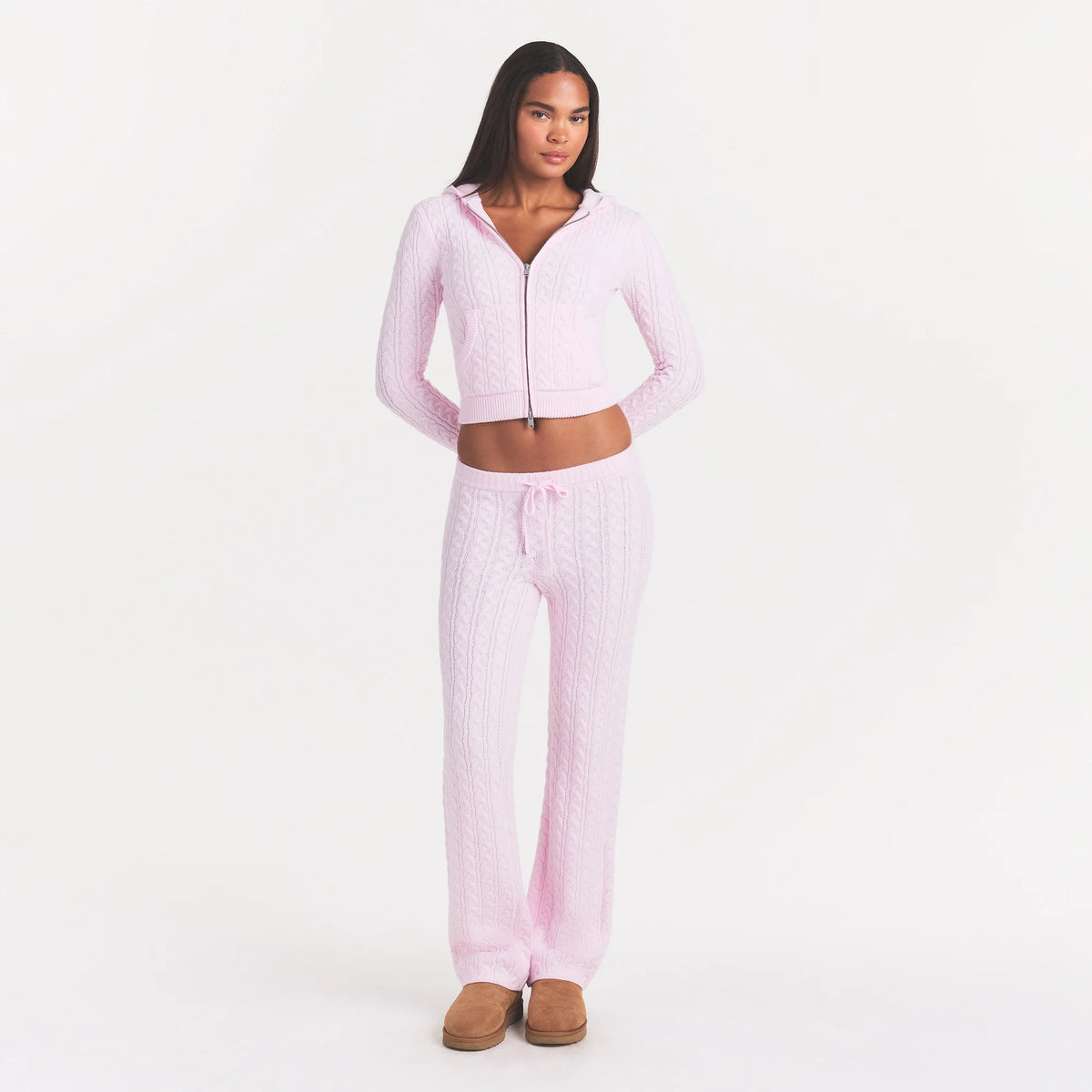 SWEATER KNIT CABLE ZIP UP HOODIE | CHERRY BLOSSOM