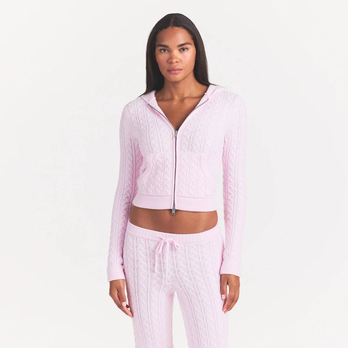 SWEATER KNIT CABLE ZIP UP HOODIE | CHERRY BLOSSOM