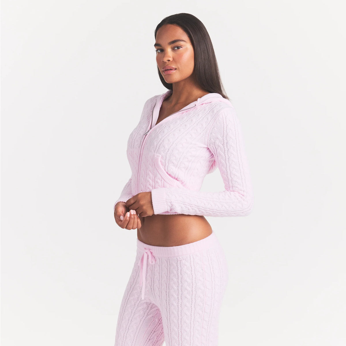 SWEATER KNIT CABLE ZIP UP HOODIE | CHERRY BLOSSOM