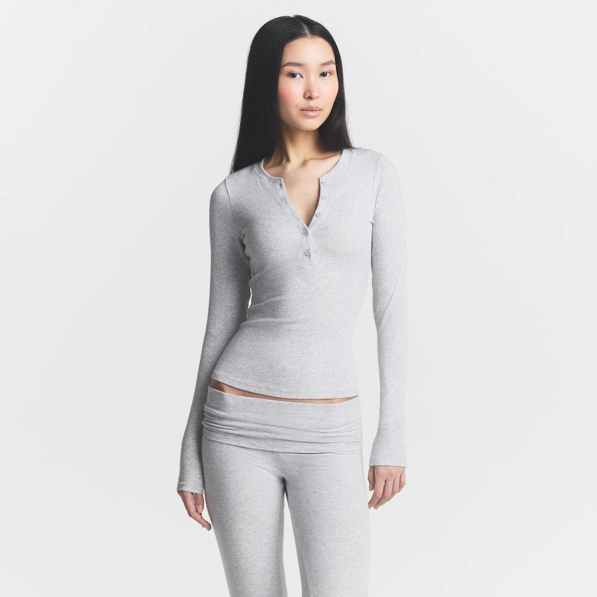 COTTON RIB HENLEY LONG SLEEVE | LIGHT HEATHER GREY
