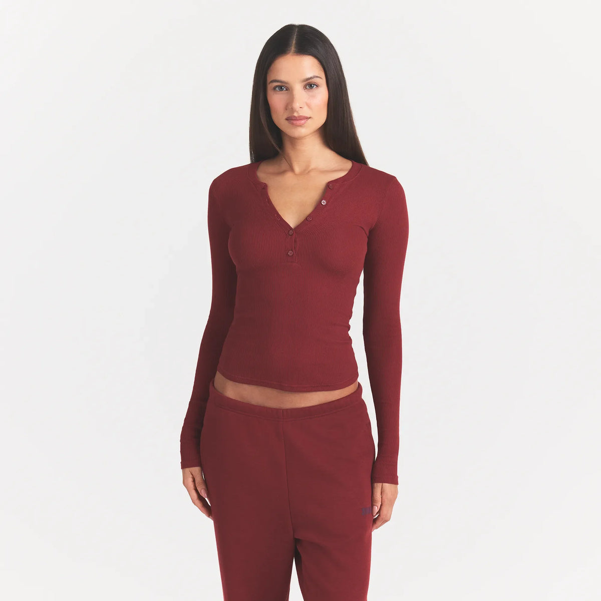 COTTON RIB HENLEY LONG SLEEVE | MERLOT