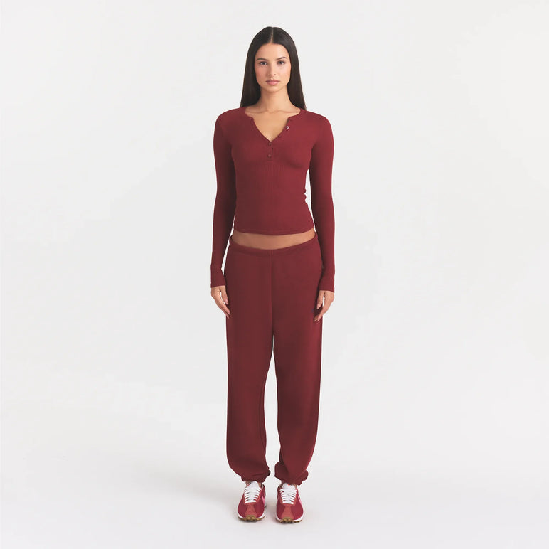 COTTON RIB HENLEY LONG SLEEVE | MERLOT