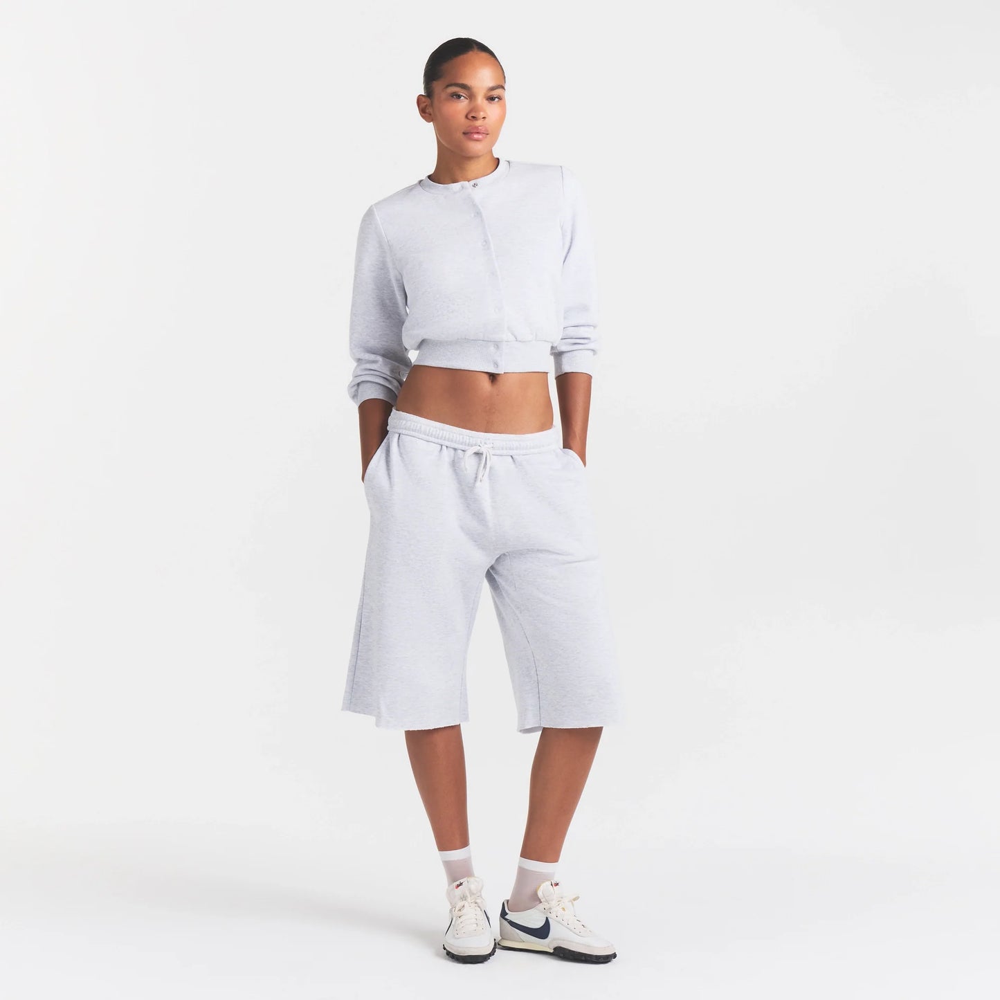 COTTON FLEECE SHRUNKEN CARDIGAN | LIGHT HEATHER GREY