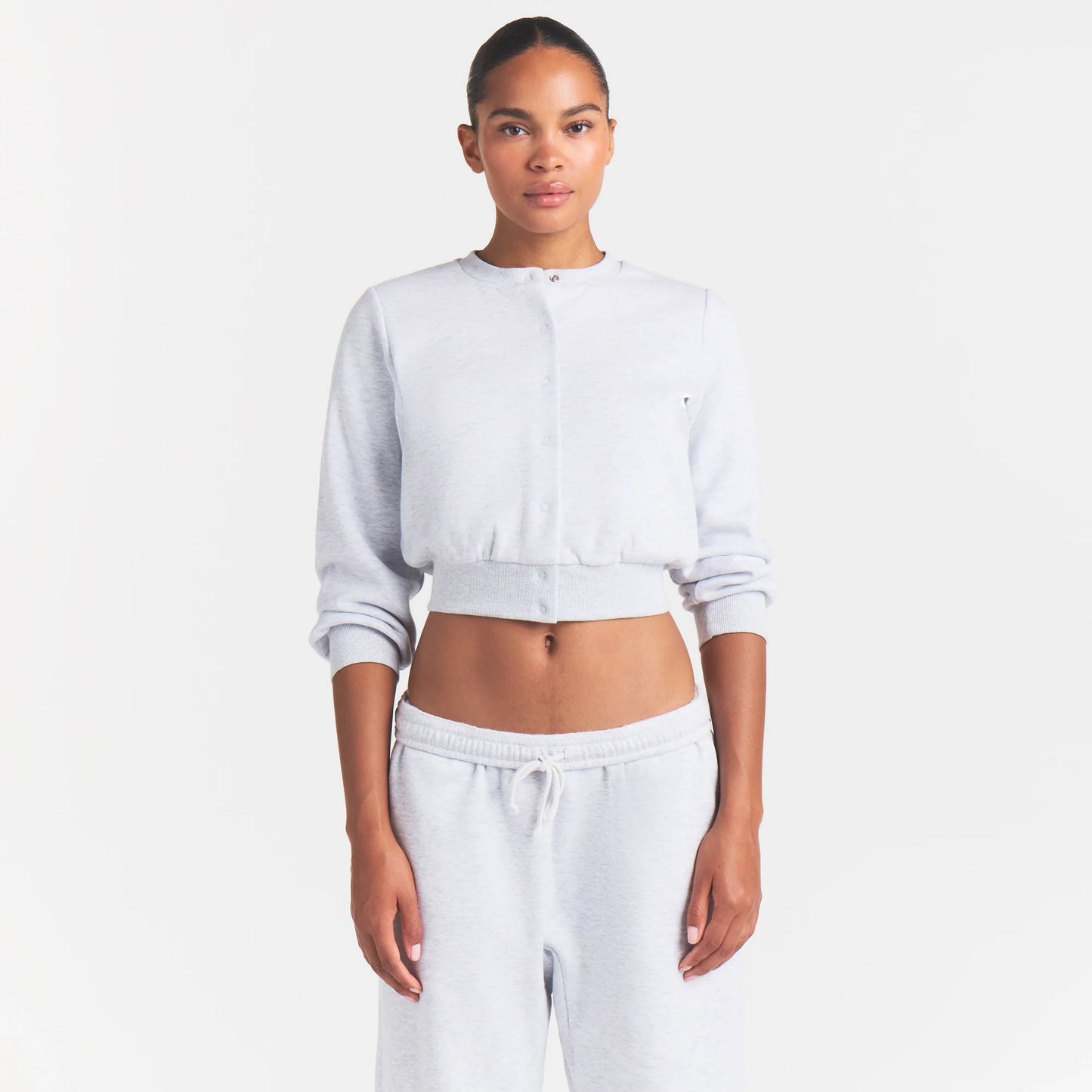COTTON FLEECE SHRUNKEN CARDIGAN | LIGHT HEATHER GREY