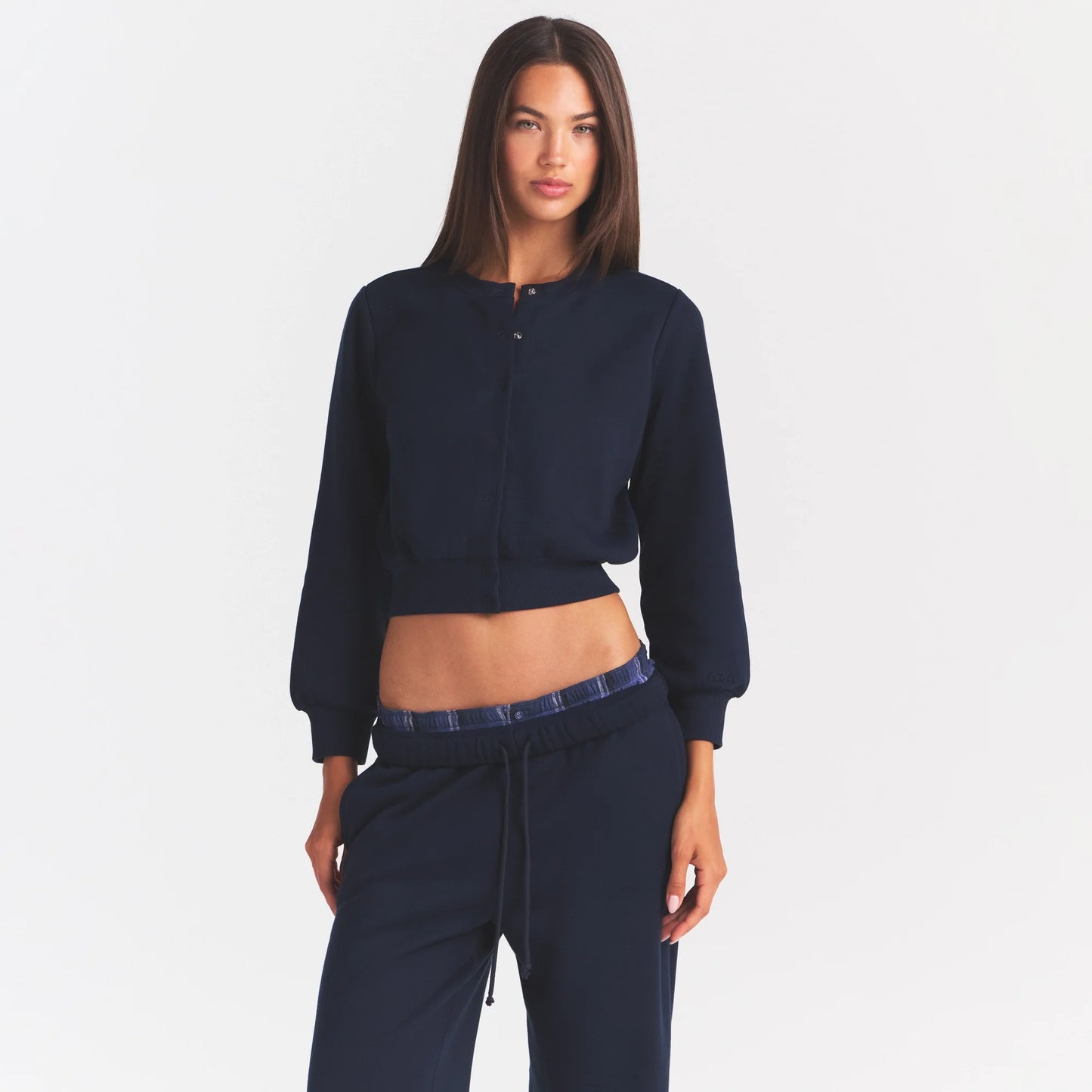 COTTON FLEECE SHRUNKEN CARDIGAN | NAVY