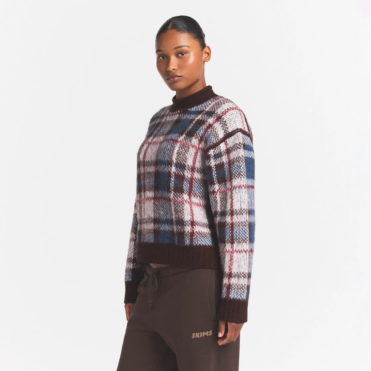 TEXTURED KNIT BRUSHED BOXY PULLOVER | PHOENIX INDIGO PLAID