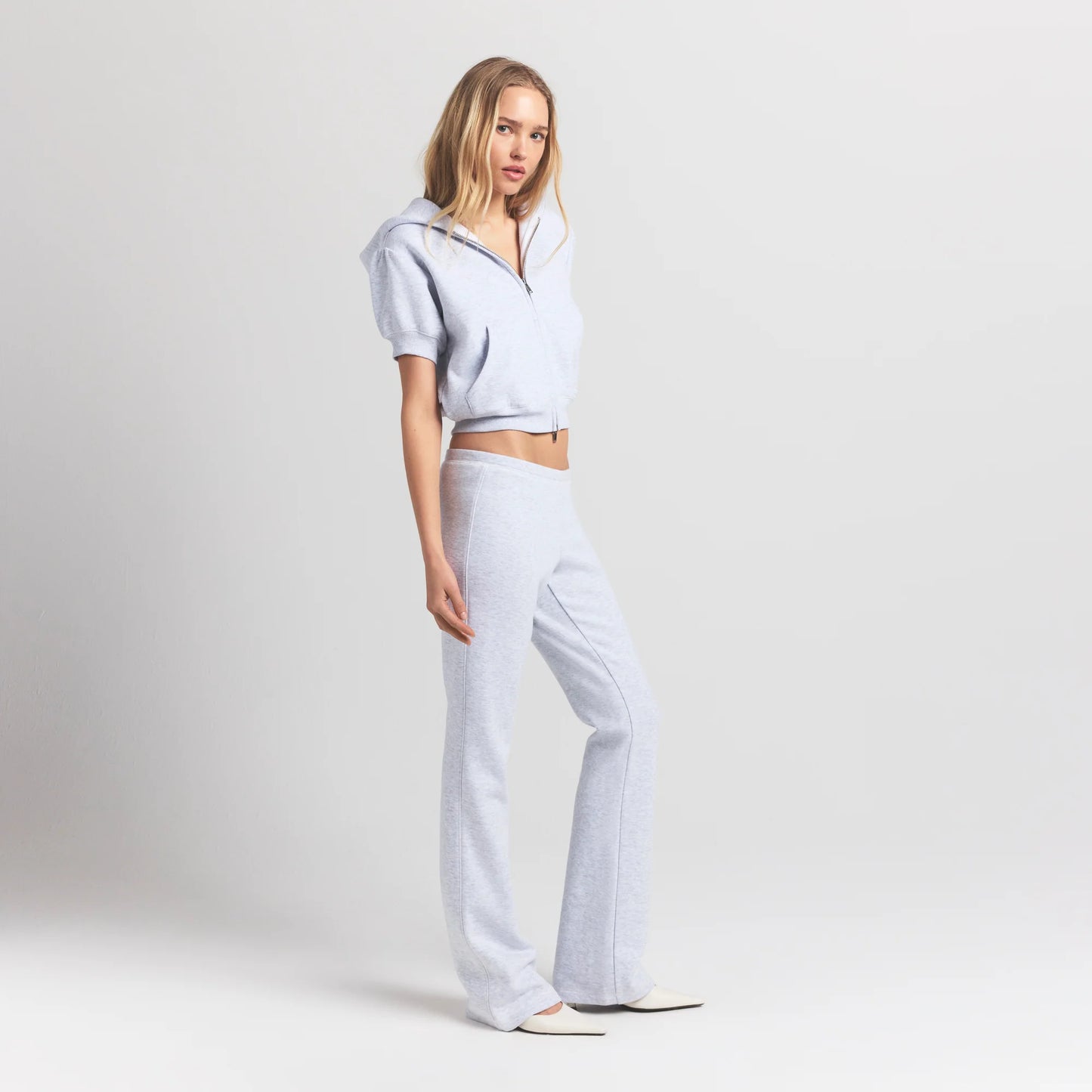 COTTON FLEECE BUBBLE SLEEVE CROPPED ZIP UP | LIGHT HEATHER GREY