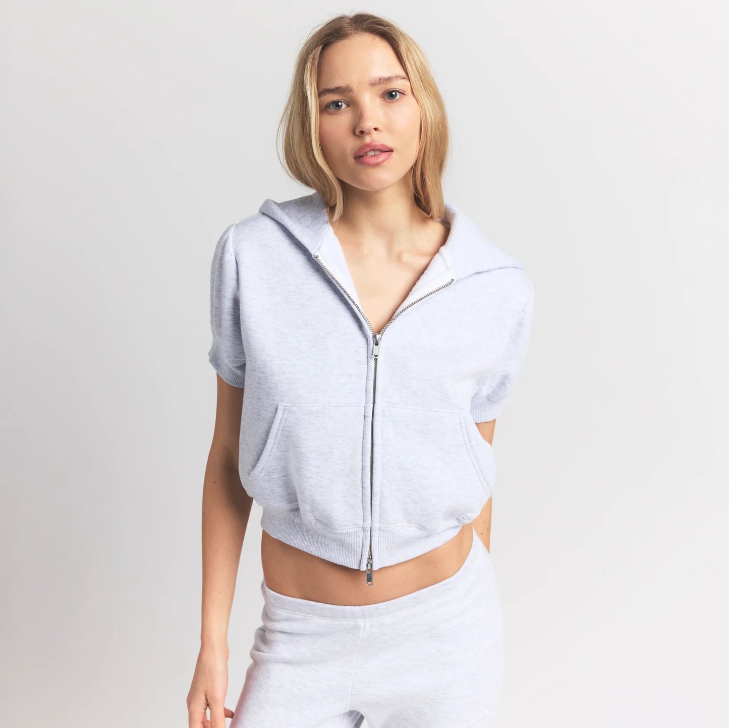 COTTON FLEECE BUBBLE SLEEVE CROPPED ZIP UP | LIGHT HEATHER GREY