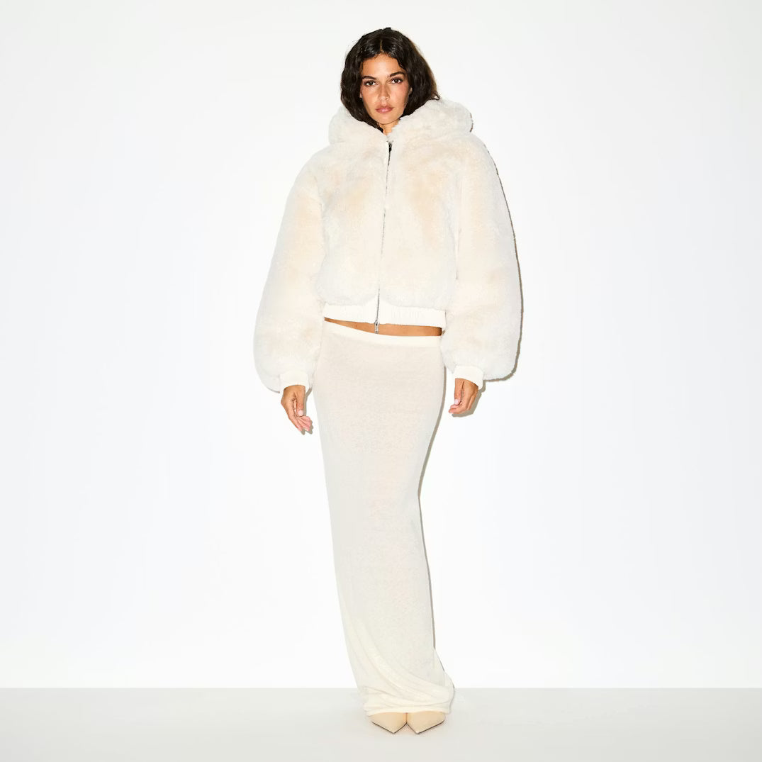 FAUX FUR SHRUNKEN ZIP UP JACKET | EGRET
