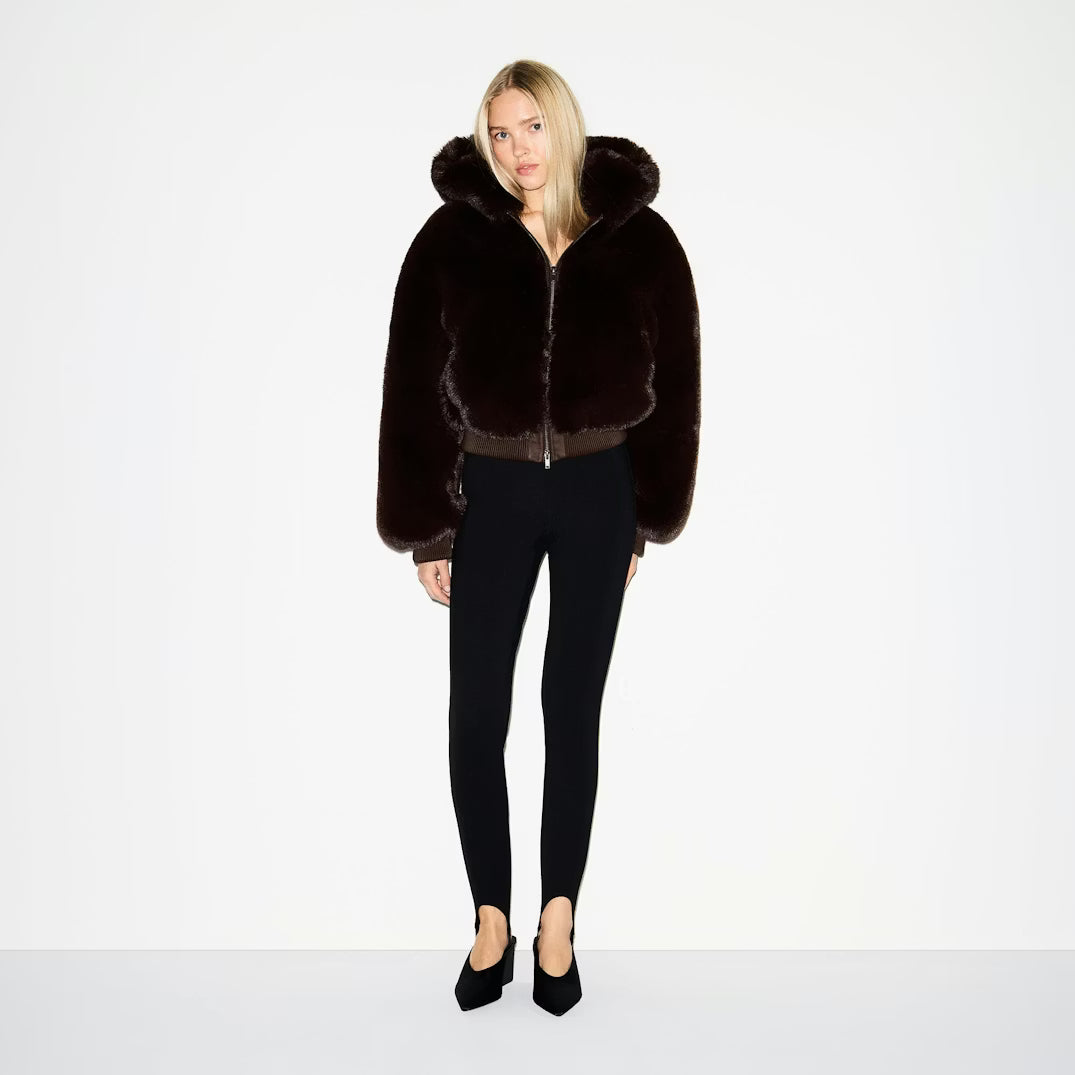 FAUX FUR SHRUNKEN ZIP UP JACKET | ESPRESSO