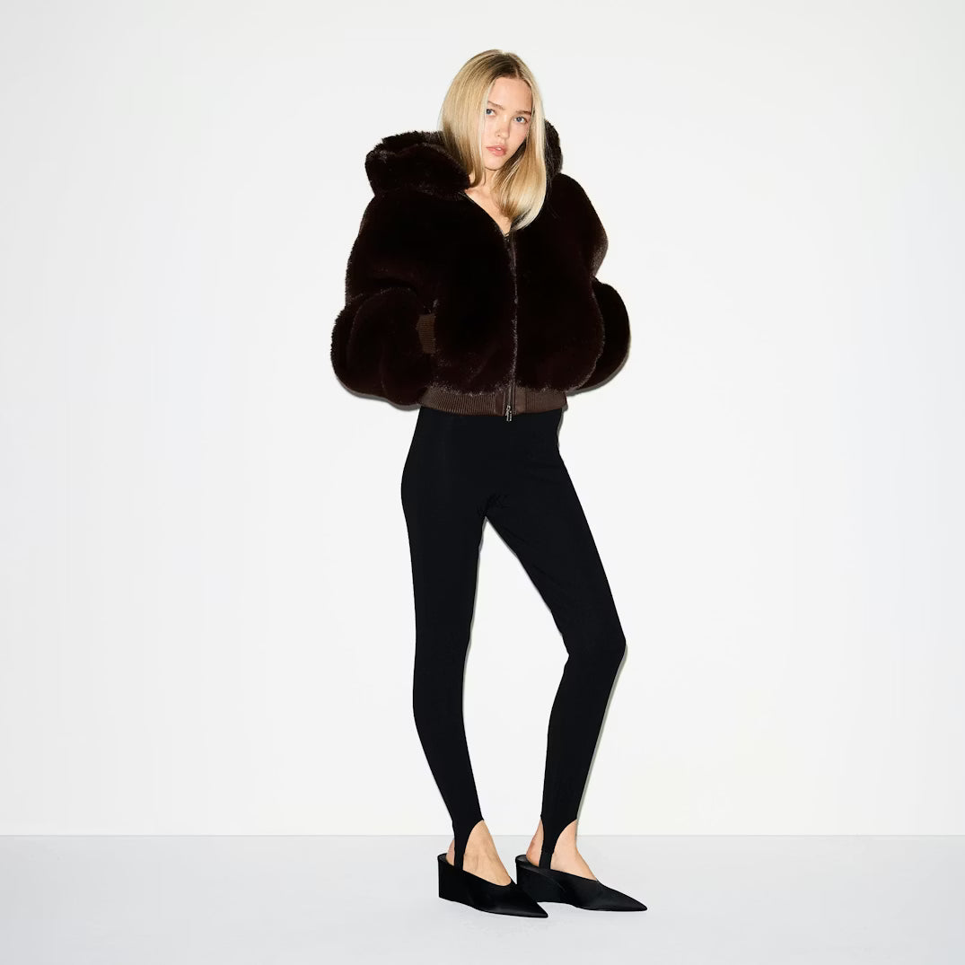 FAUX FUR SHRUNKEN ZIP UP JACKET | ESPRESSO