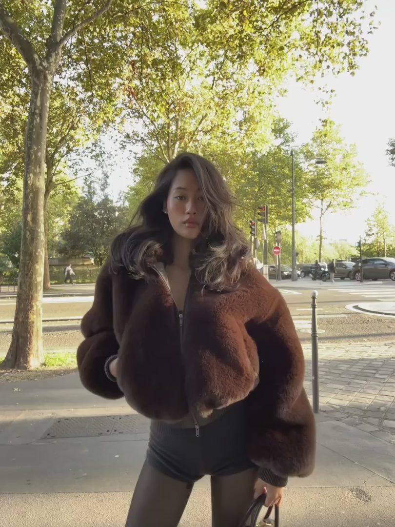 FAUX FUR SHRUNKEN ZIP UP JACKET | ESPRESSO